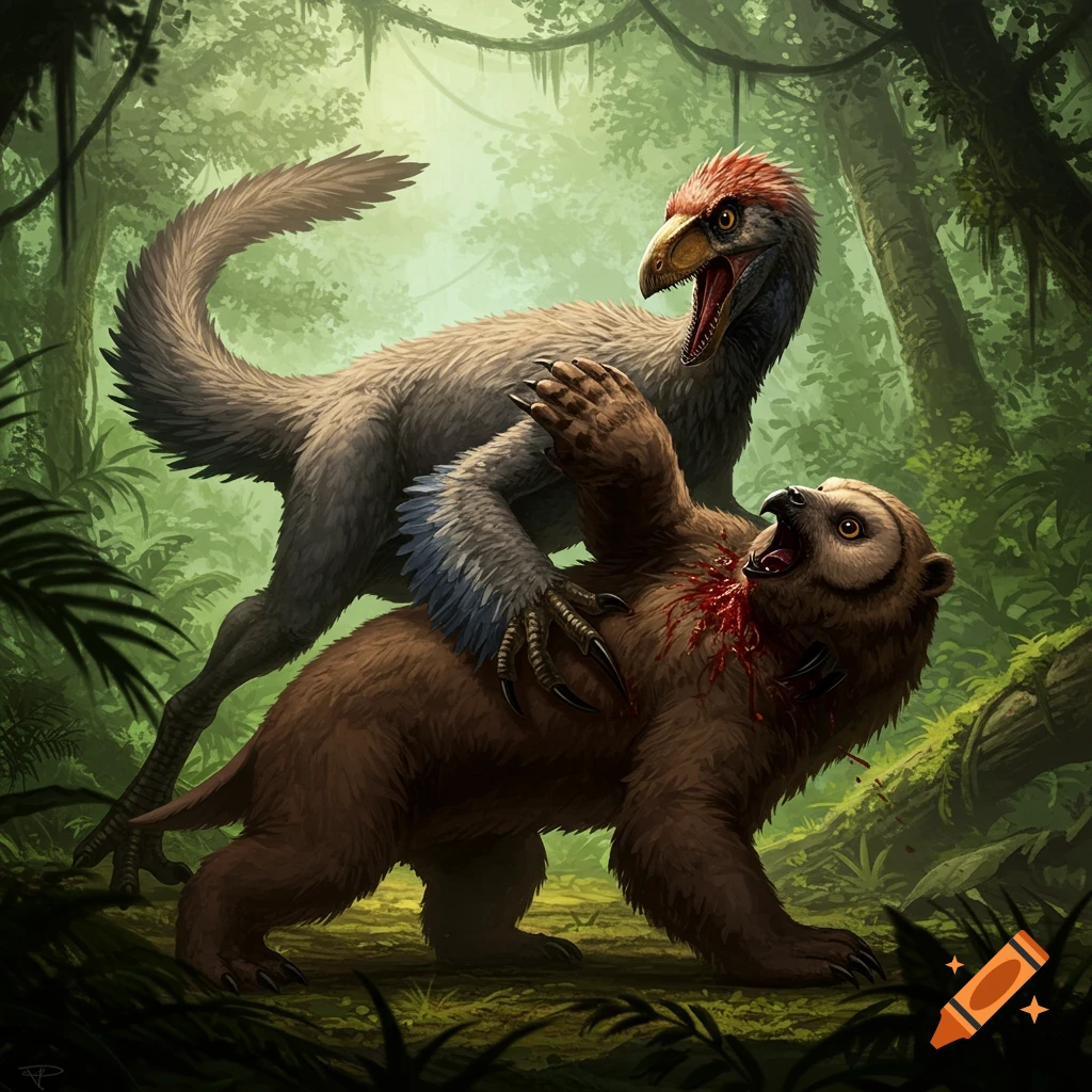 Theropod dinosaur attacking a brown owlbear in a lush green jungle.