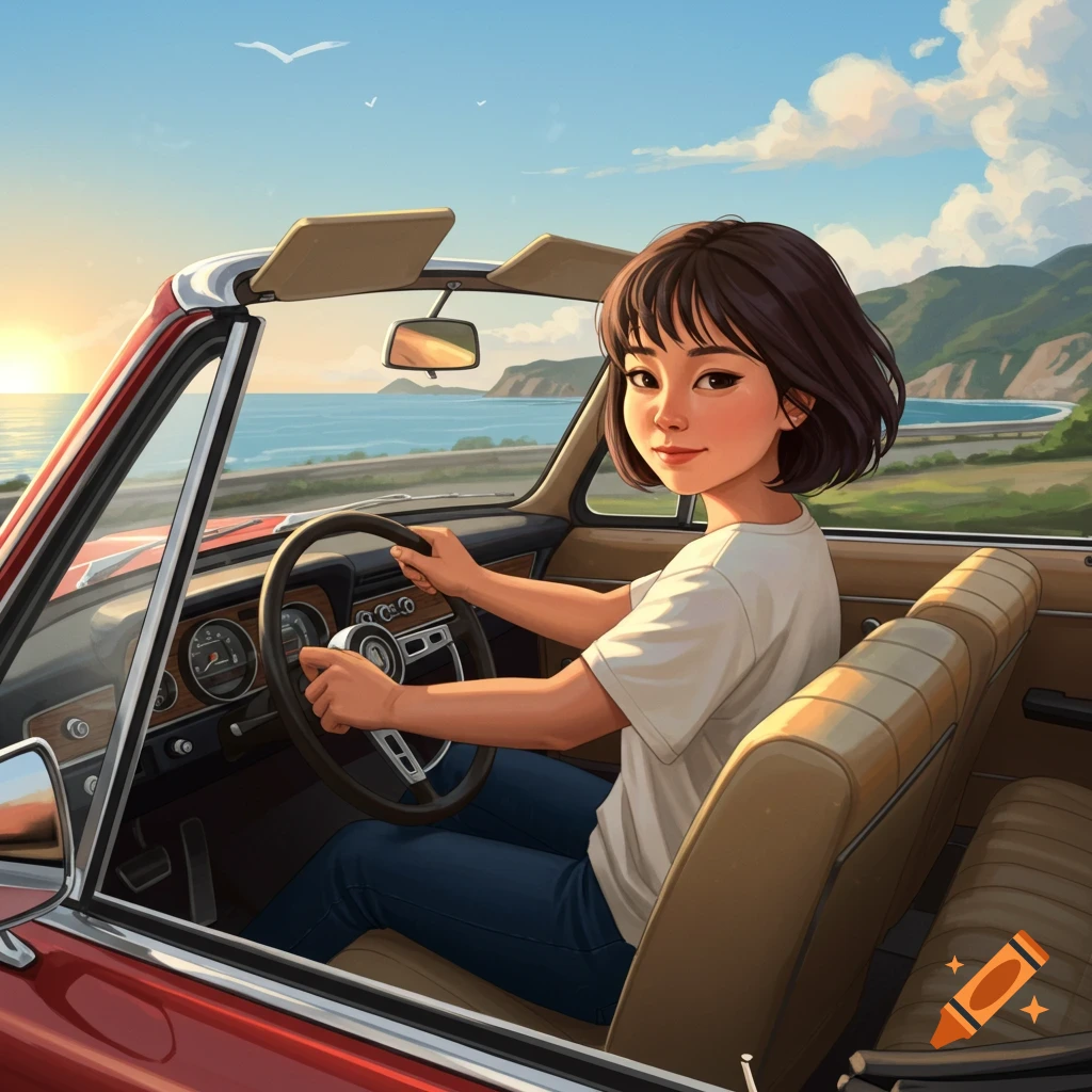 A woman driving a red convertible by the ocean at sunset.