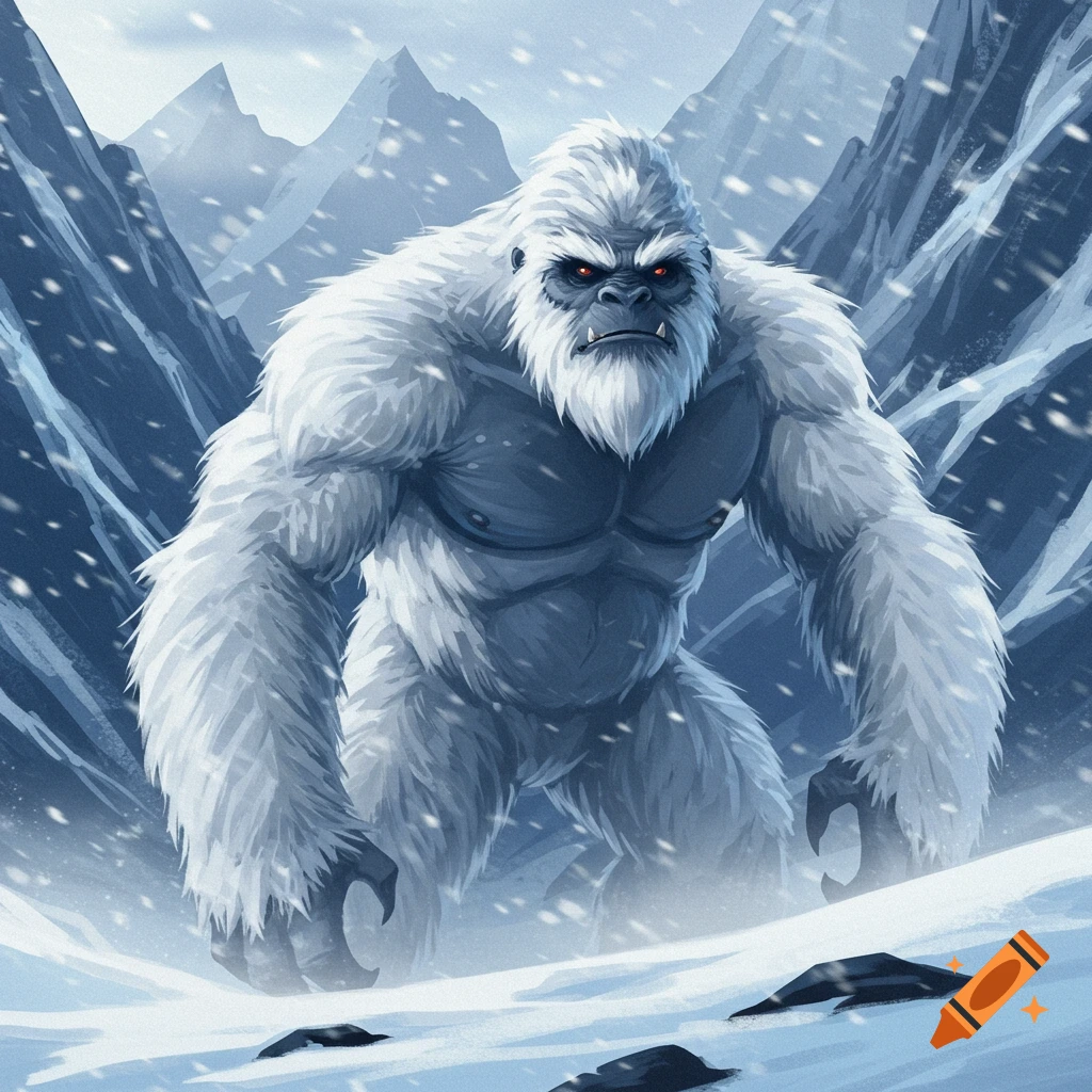 A large white yeti stands in a snowy mountain pass.