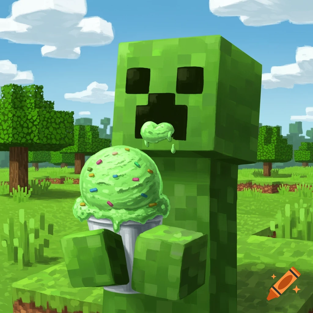 A Minecraft creeper eats a scoop of green ice cream in a blocky landscape.