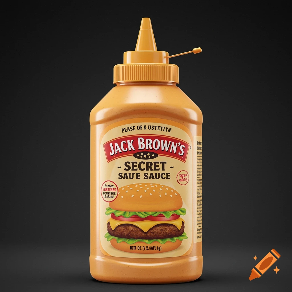 A bottle of orange sauce designed to look like a burger, featuring a label with text.