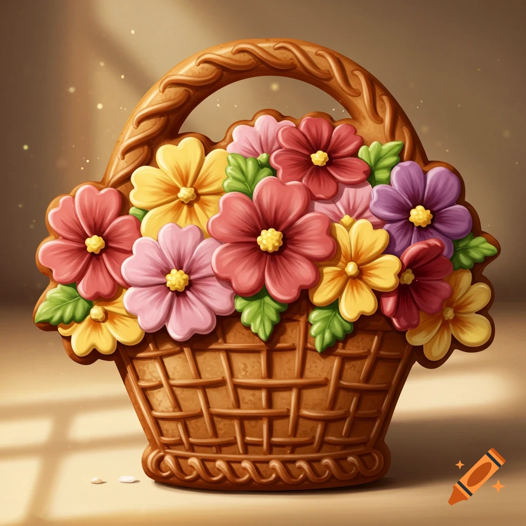 A gingerbread flower basket filled with colorful flowers.