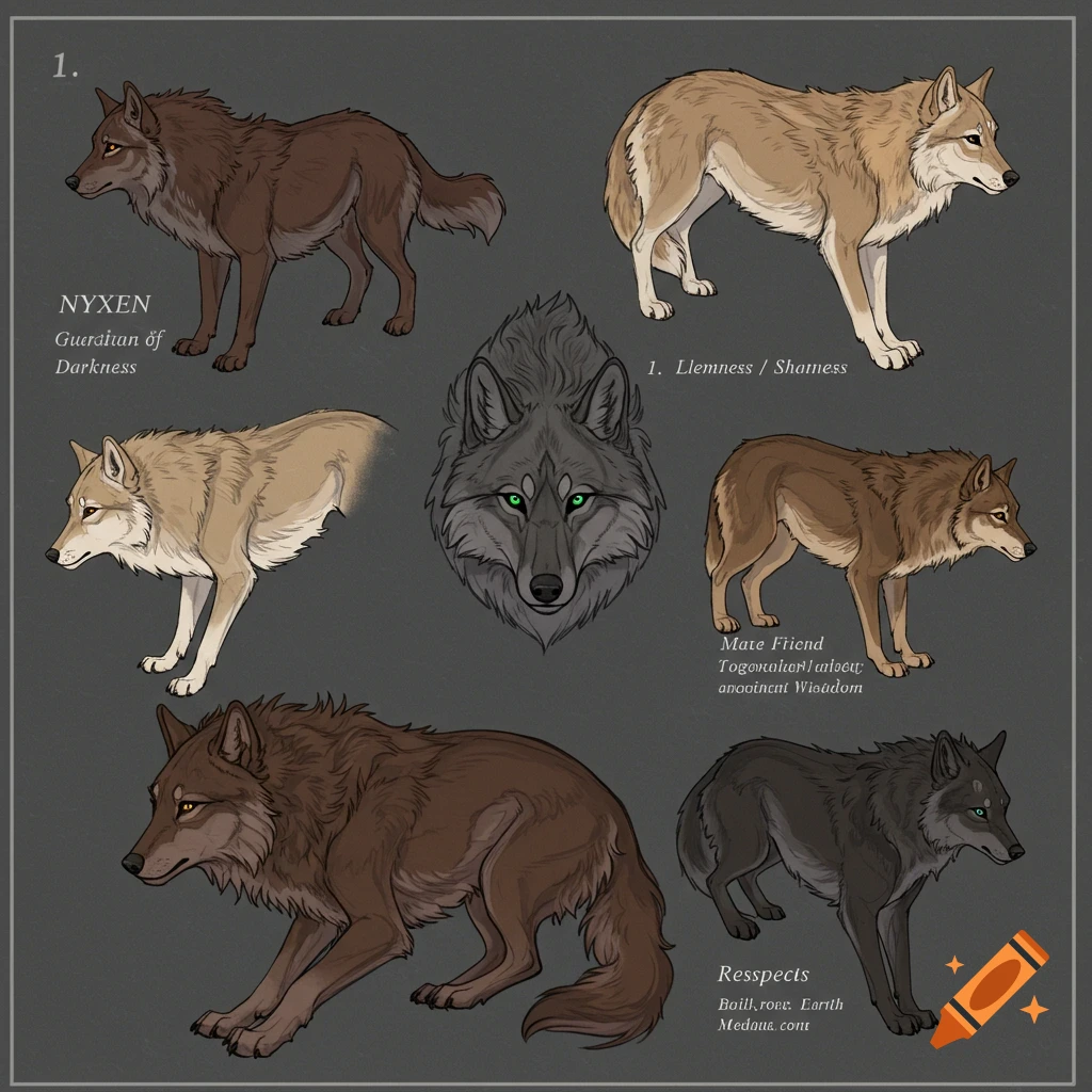Digital illustration of multiple stylized wolves in various poses.