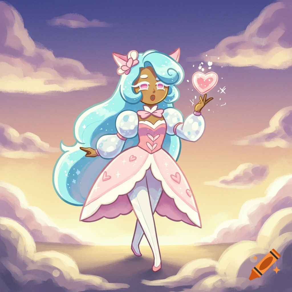 Cartoon character with blue hair and pink dress holds a floating heart in a cloudy sky.