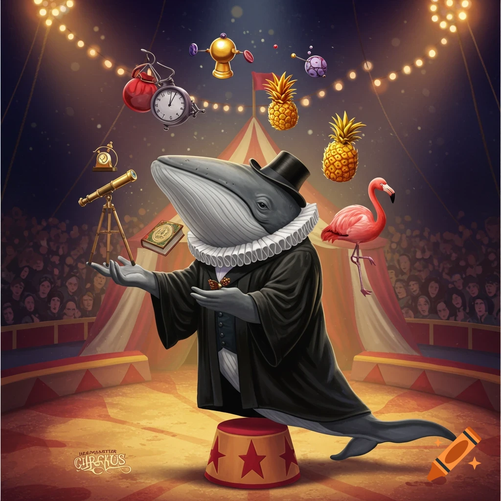 A whale dressed as a circus headmaster juggling items like pineapples and a clock in a ring.