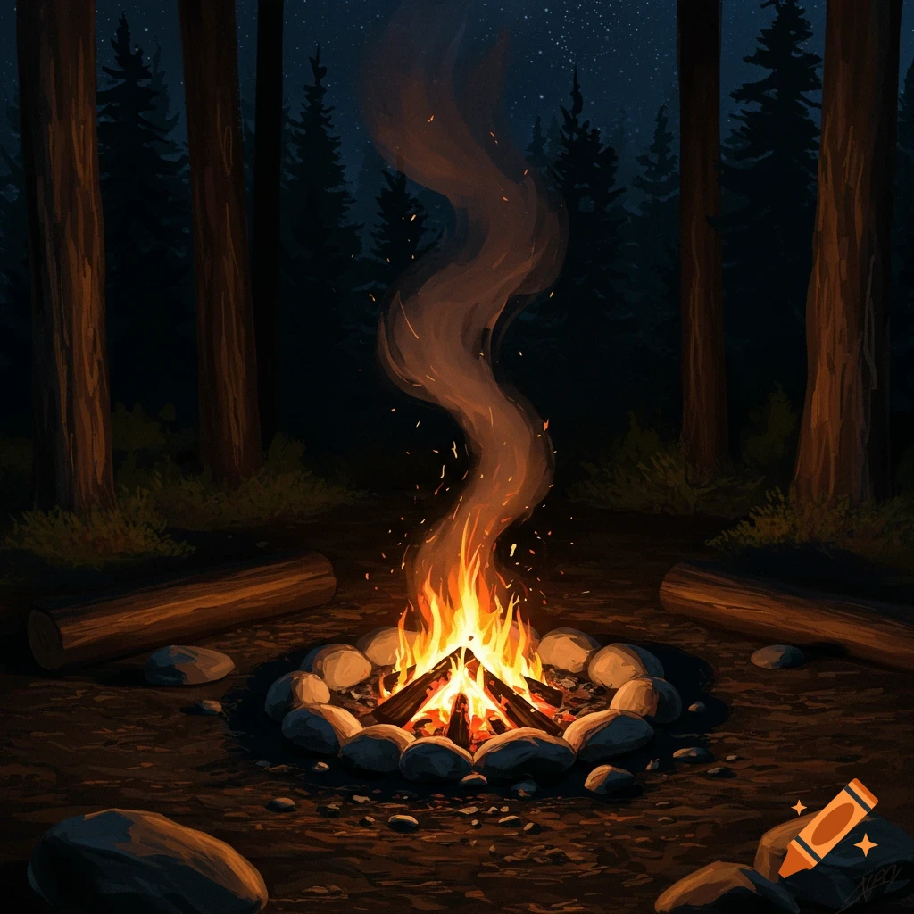A campfire burning brightly in a dark forest at night.