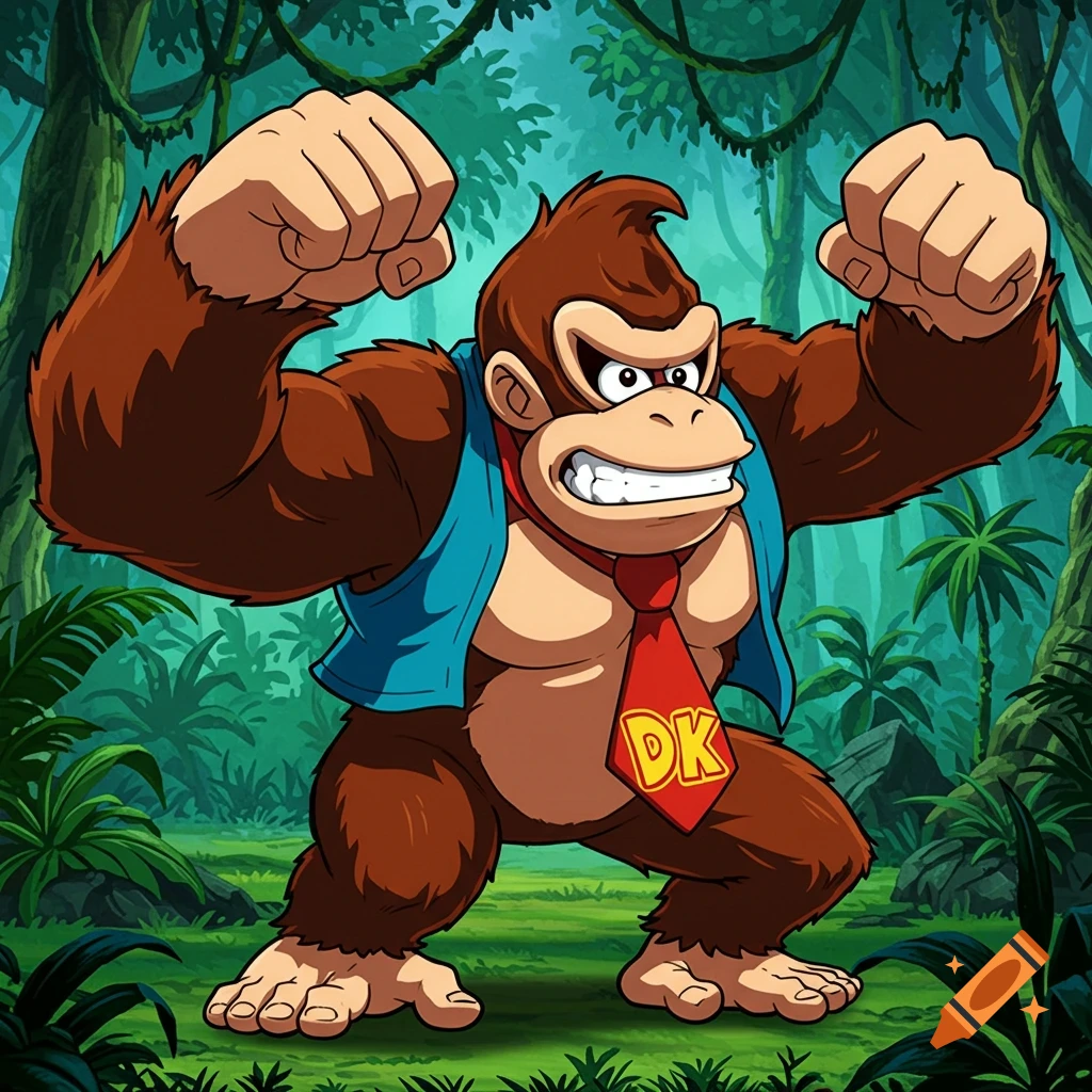 Donkey Kong flexing in a jungle, anime style.