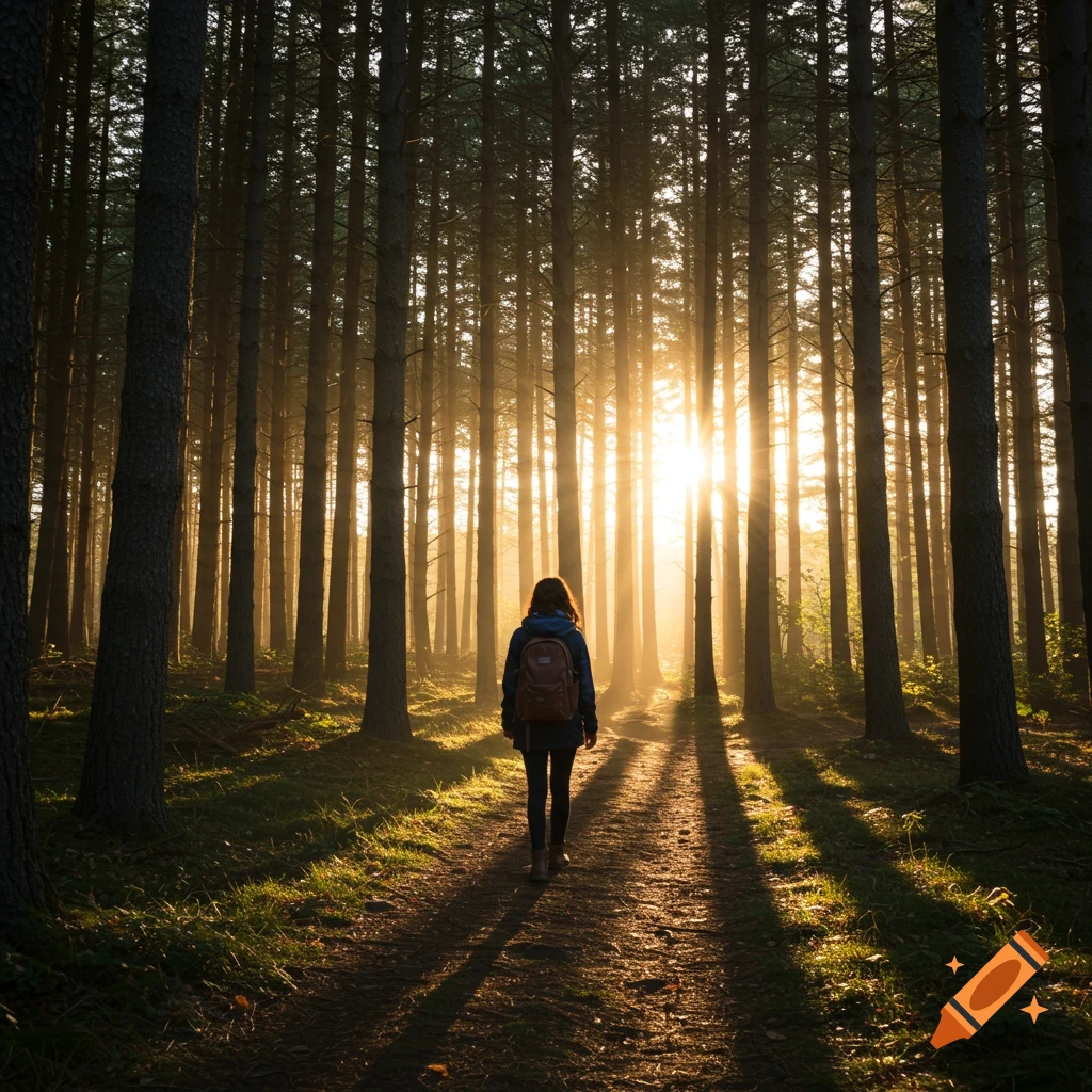 Person walks away on a path through a forest with sunlight streaming through trees