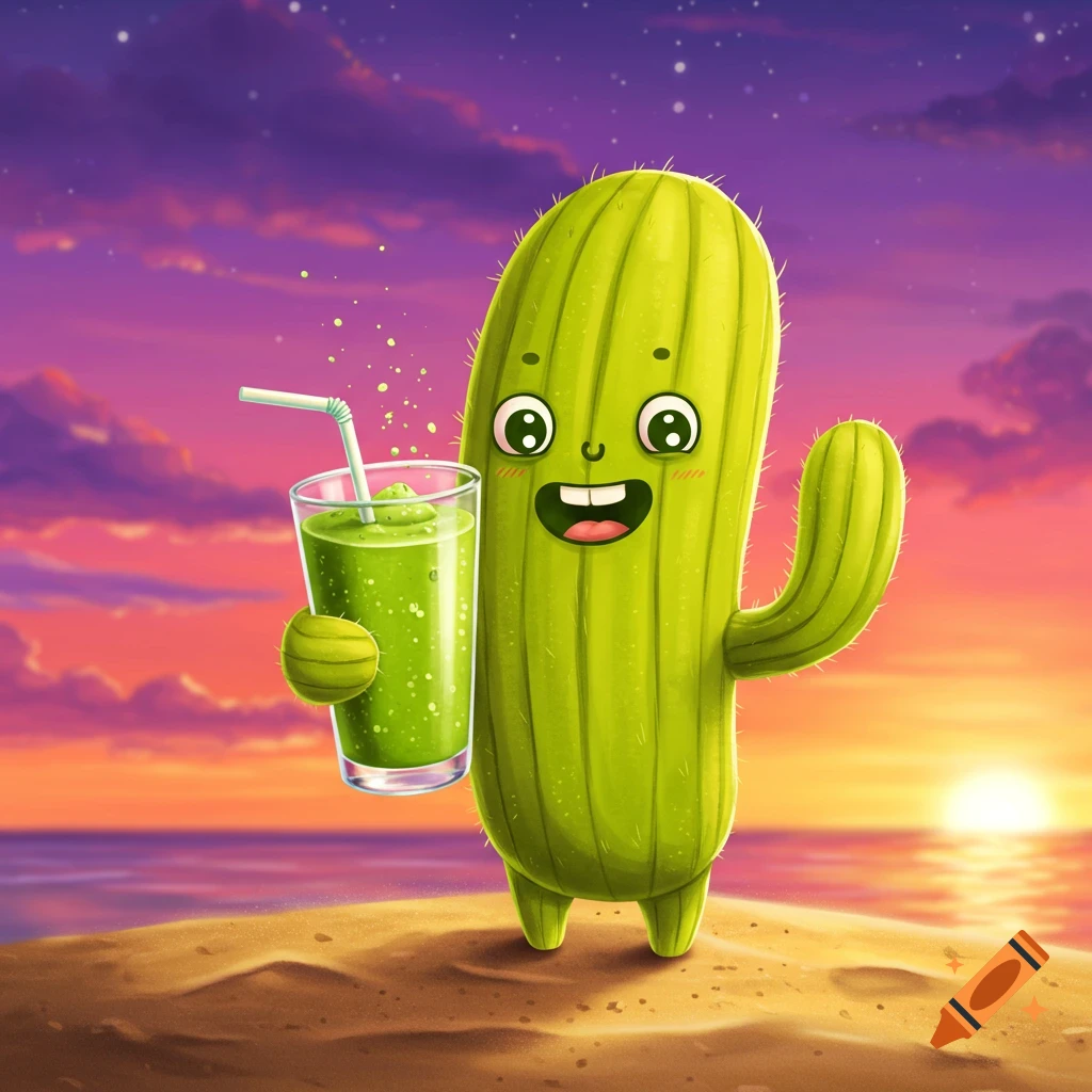 Cartoon cactus holding a smoothie on a beach at sunset
