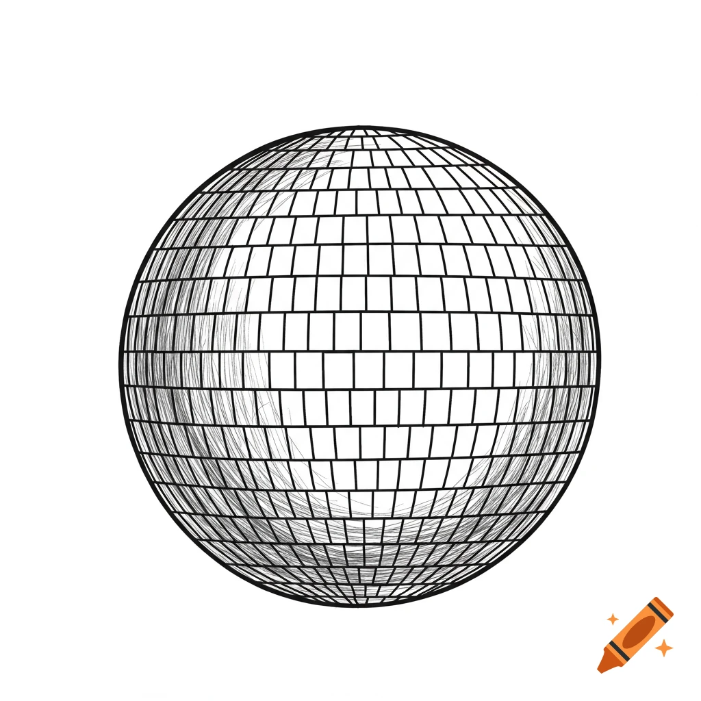 Hand-drawn sketch of a disco ball with thin lines and black outline.