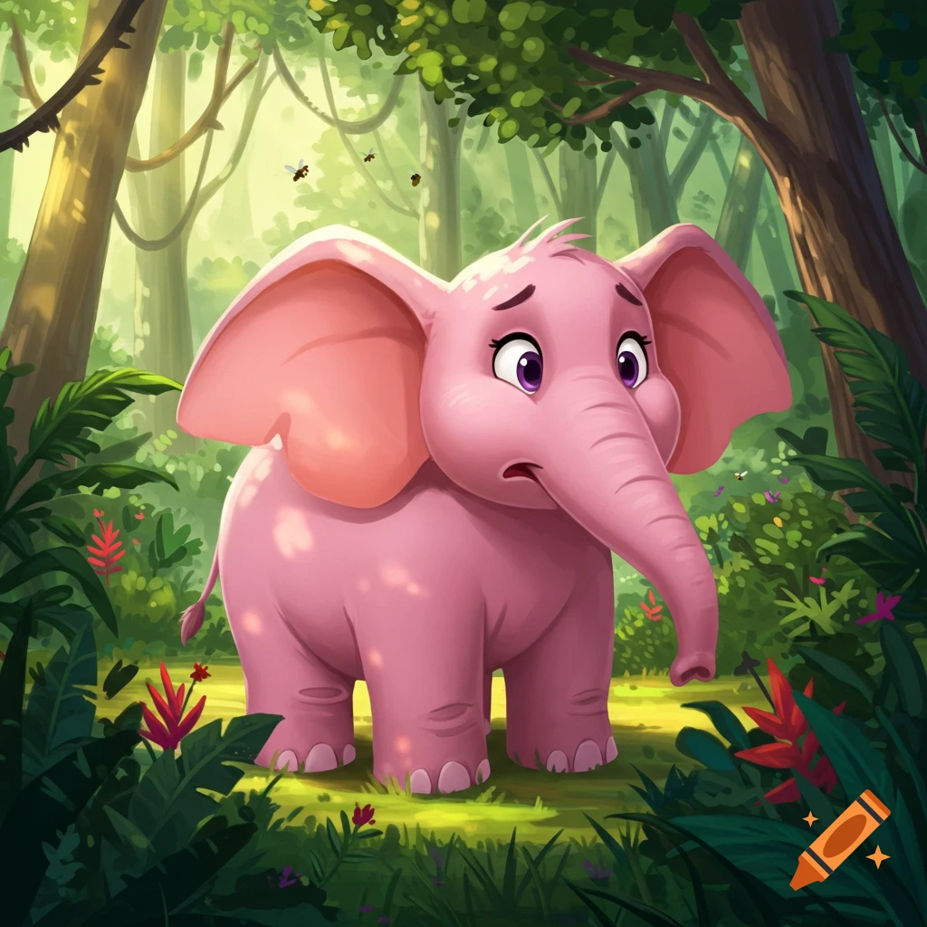 A cartoon pink elephant looks scared in a jungle.