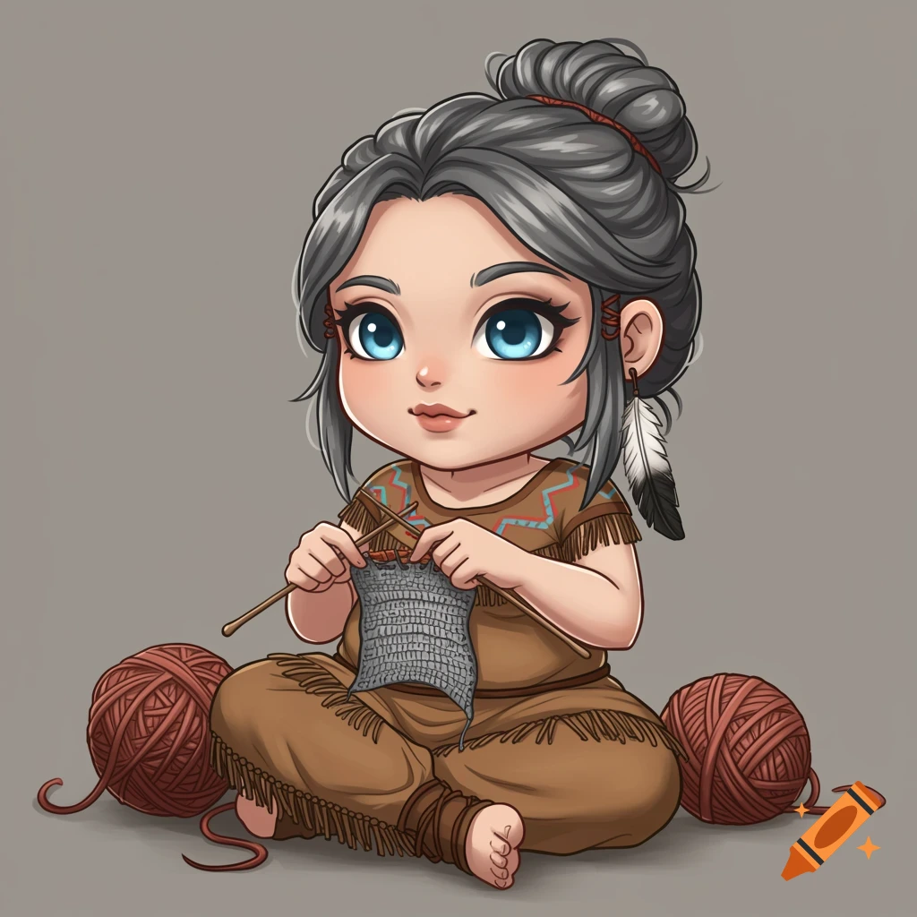 Glossy chibi illustration of a girl in Native American style clothing knitting with yarn.