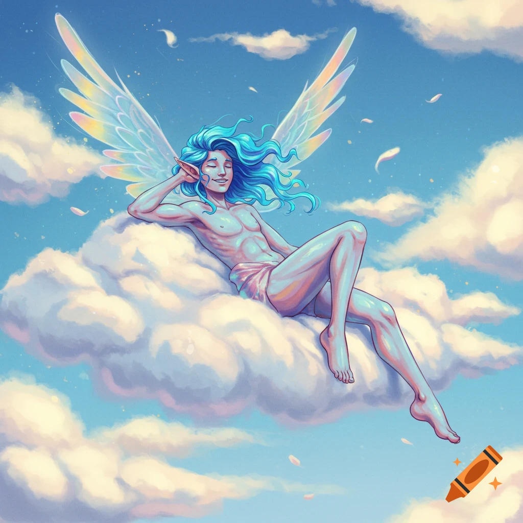 A winged figure with blue hair lounges on a cloud in the sky.