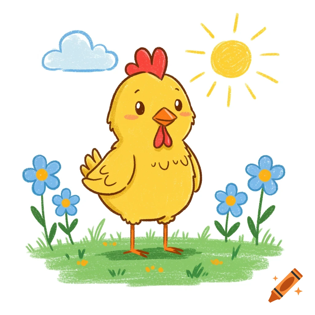 Cartoon yellow chicken in a field with blue flowers, sun, and cloud, in a crayon drawing style.
