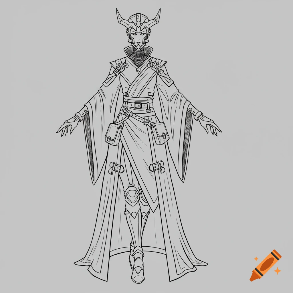 Full-body line drawing of a futuristic fantasy witch character in a T-pose.