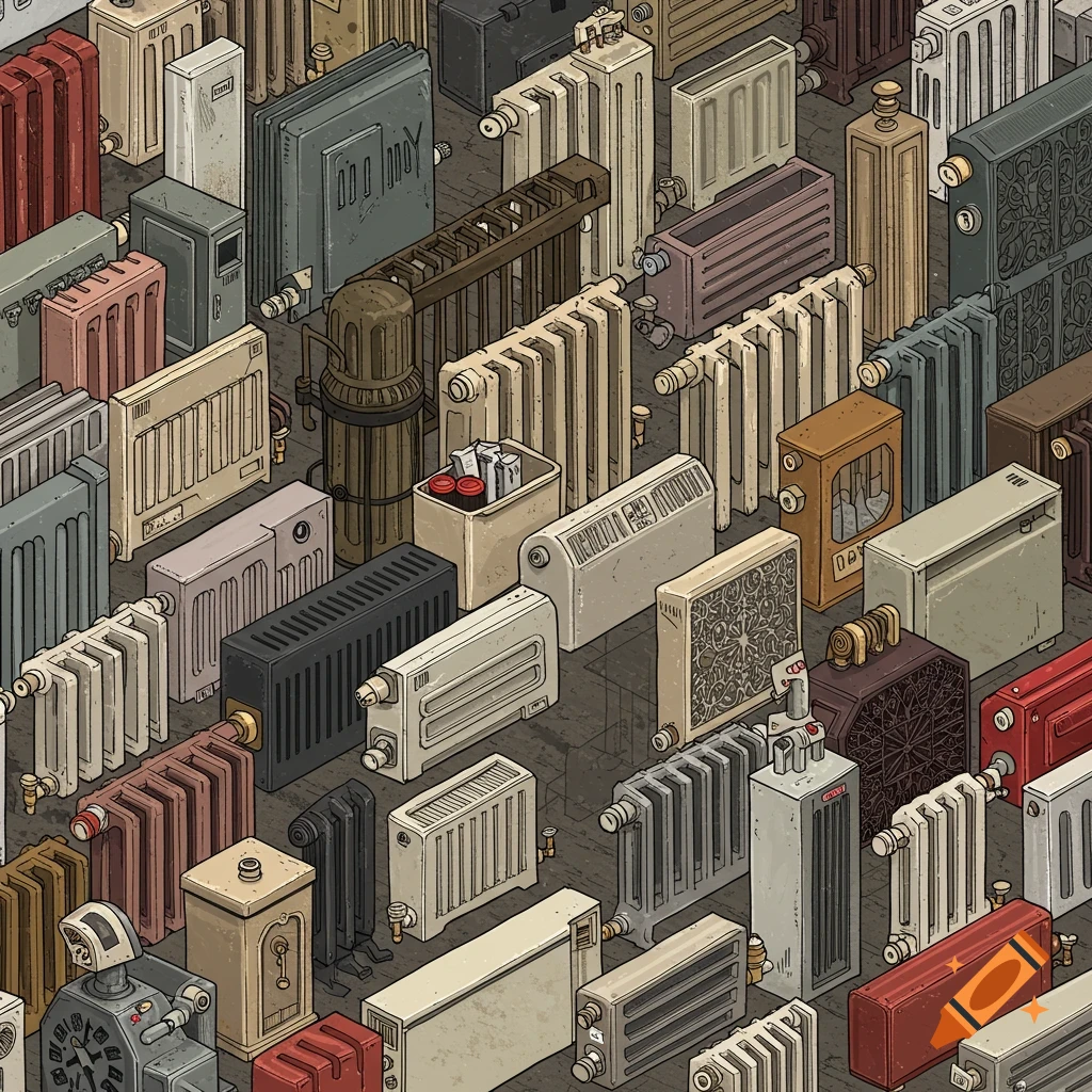 An isometric image filled with various types of radiators and pipes.