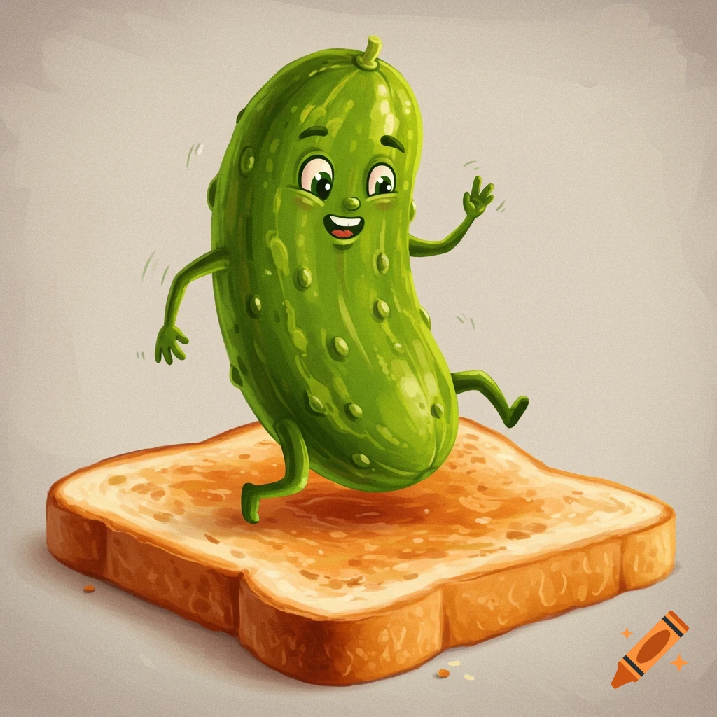 Cartoon pickle character dancing on a slice of toast.