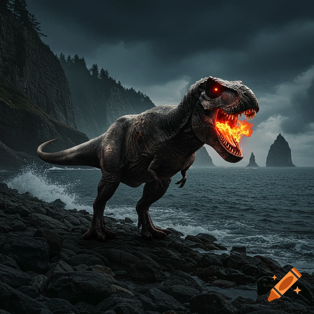 Fire-breathing Tyrannosaurus Rex on a rocky beach at dusk.