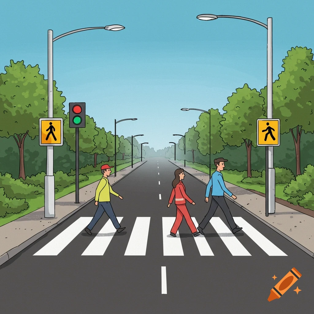 An illustration of people crossing a street at a crosswalk with traffic lights and signs.