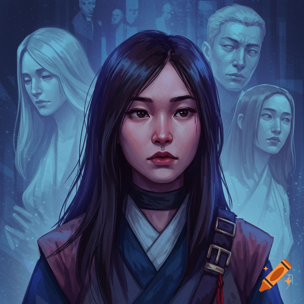 A young woman is in the foreground with other figures fading into the blue background.