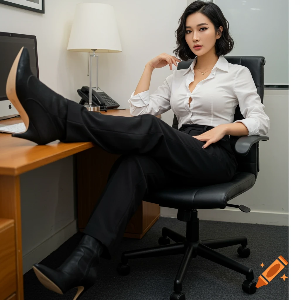 A woman in a white shirt and black pants sits in an office chair with her feet on the desk.