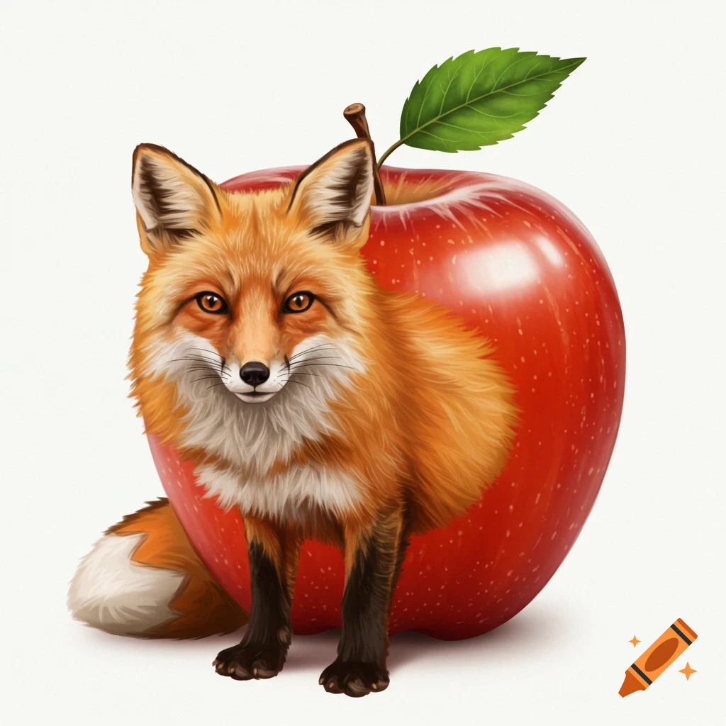 An orange fox stands in front of a large red apple.