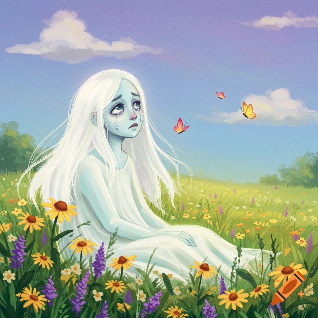 A sad ghost with long white hair sitting in a field of wildflowers, looking up at butterflies.