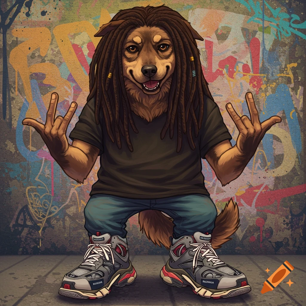 a dog with dreadlocks making a rock sign in front of graffiti