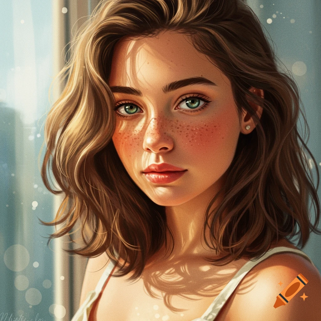 A woman with green eyes and freckles, bathed in sunlight.
