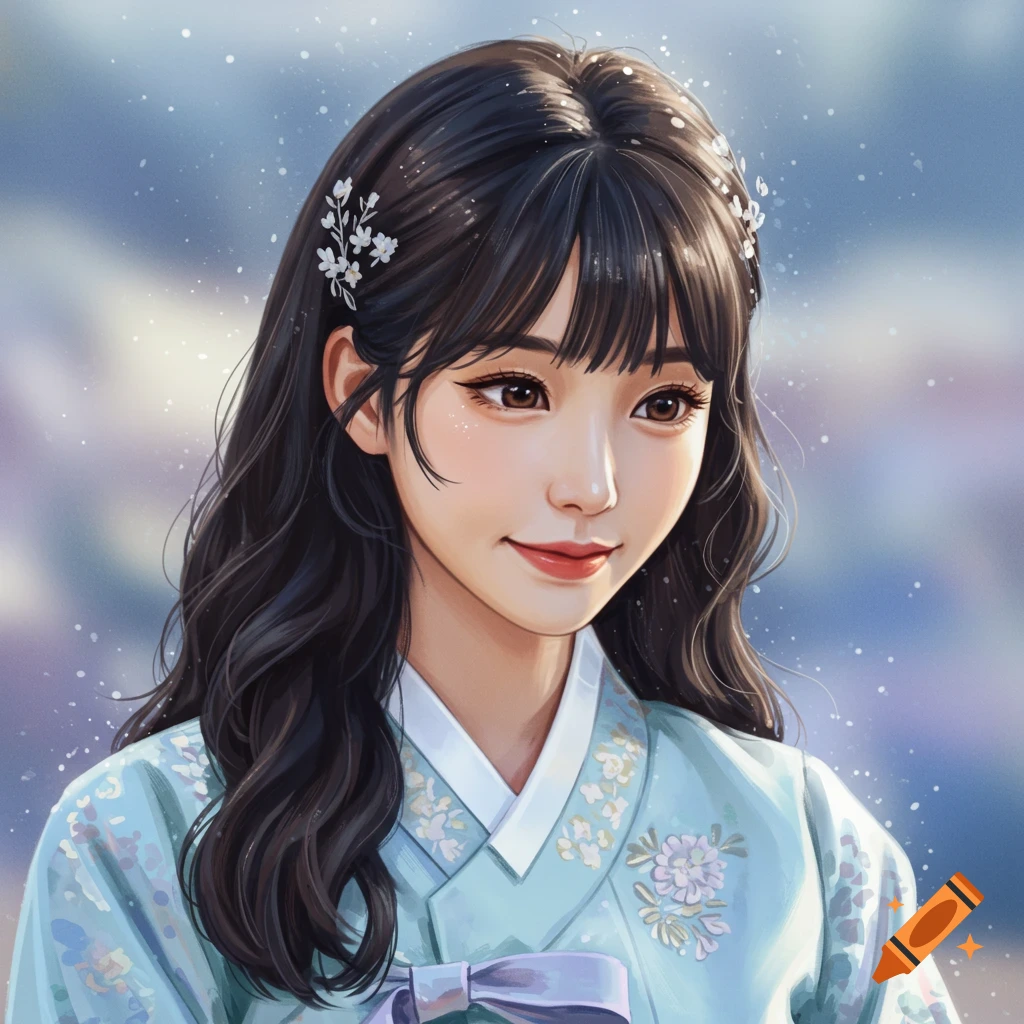 Portrait of a woman wearing a light blue hanbok with floral embroidery.