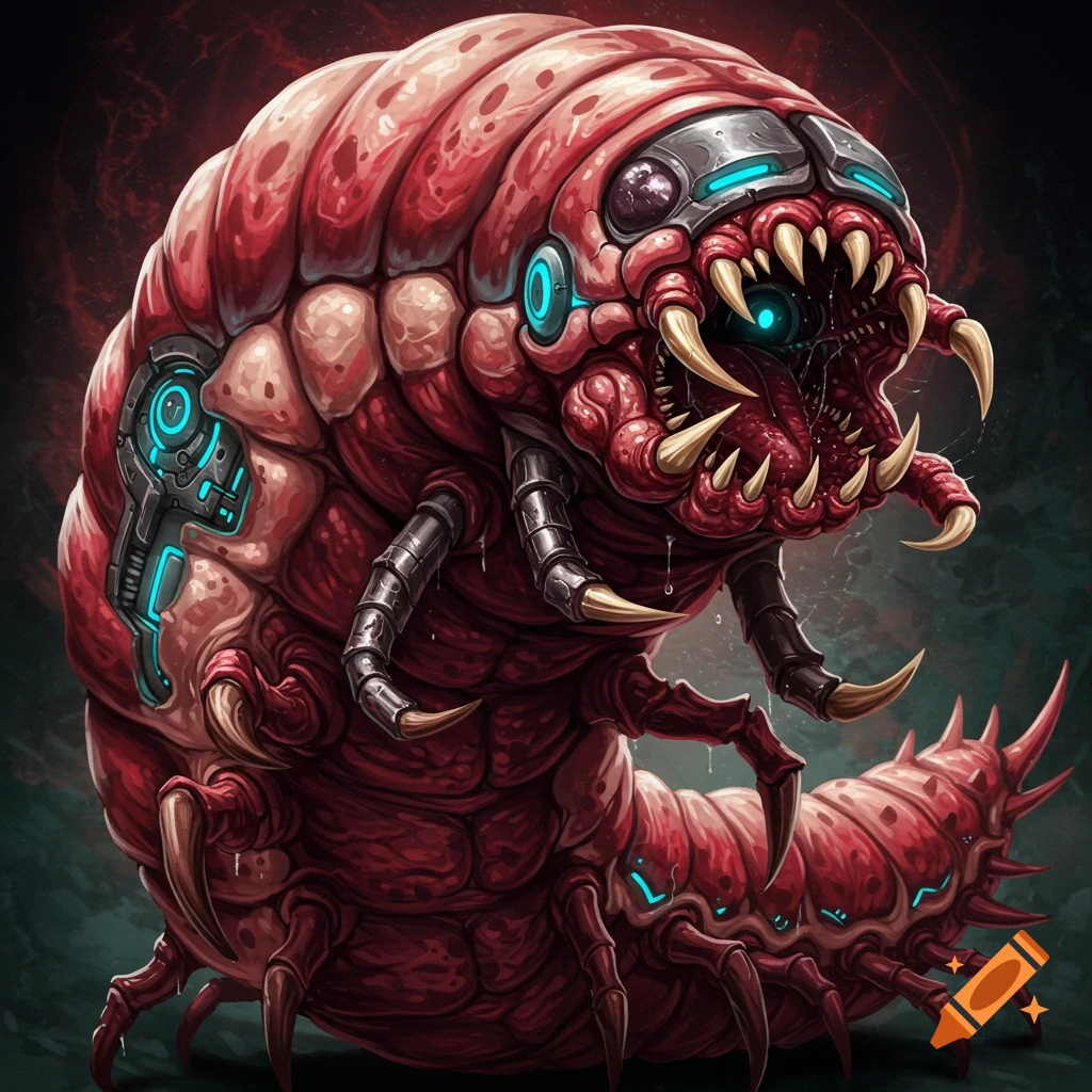 A cyborg mealworm monster with sharp teeth and metallic parts.