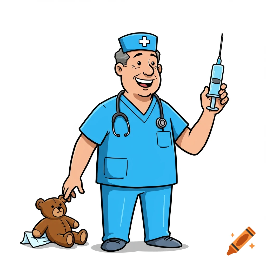 Cartoon of a nurse holding a syringe and standing next to a teddy bear.