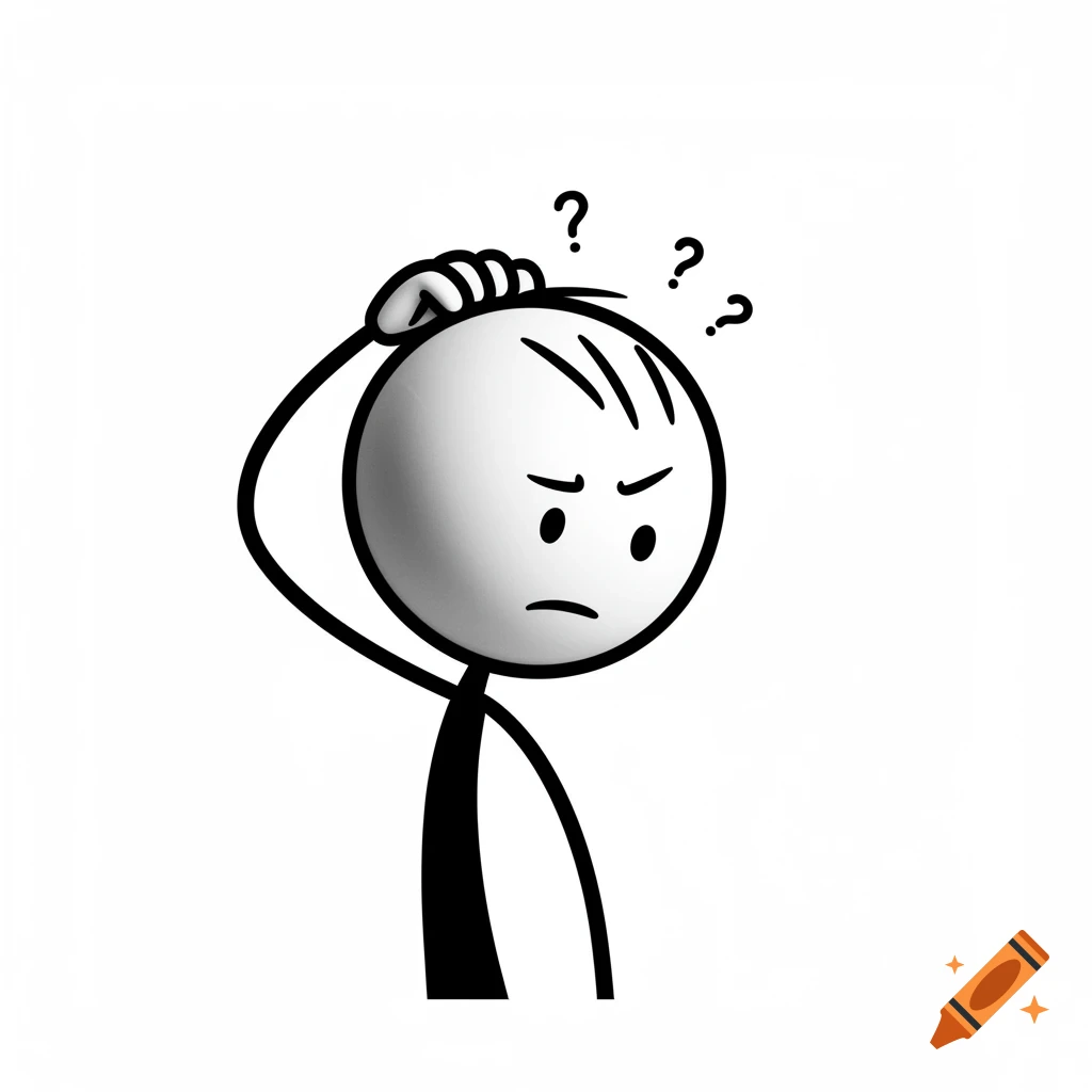Black and white stick figure scratching head with question marks, expressing confusion.