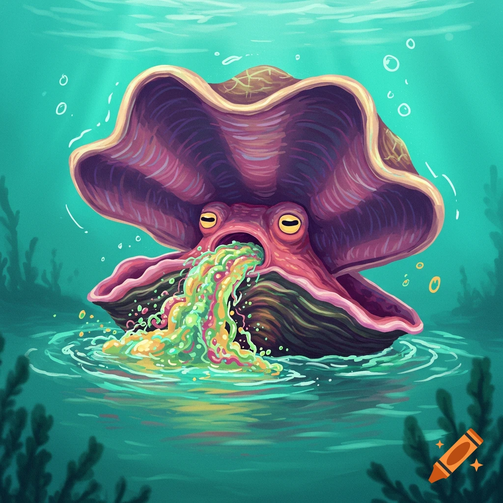 Cartoon mollusk vomiting colorful liquid underwater