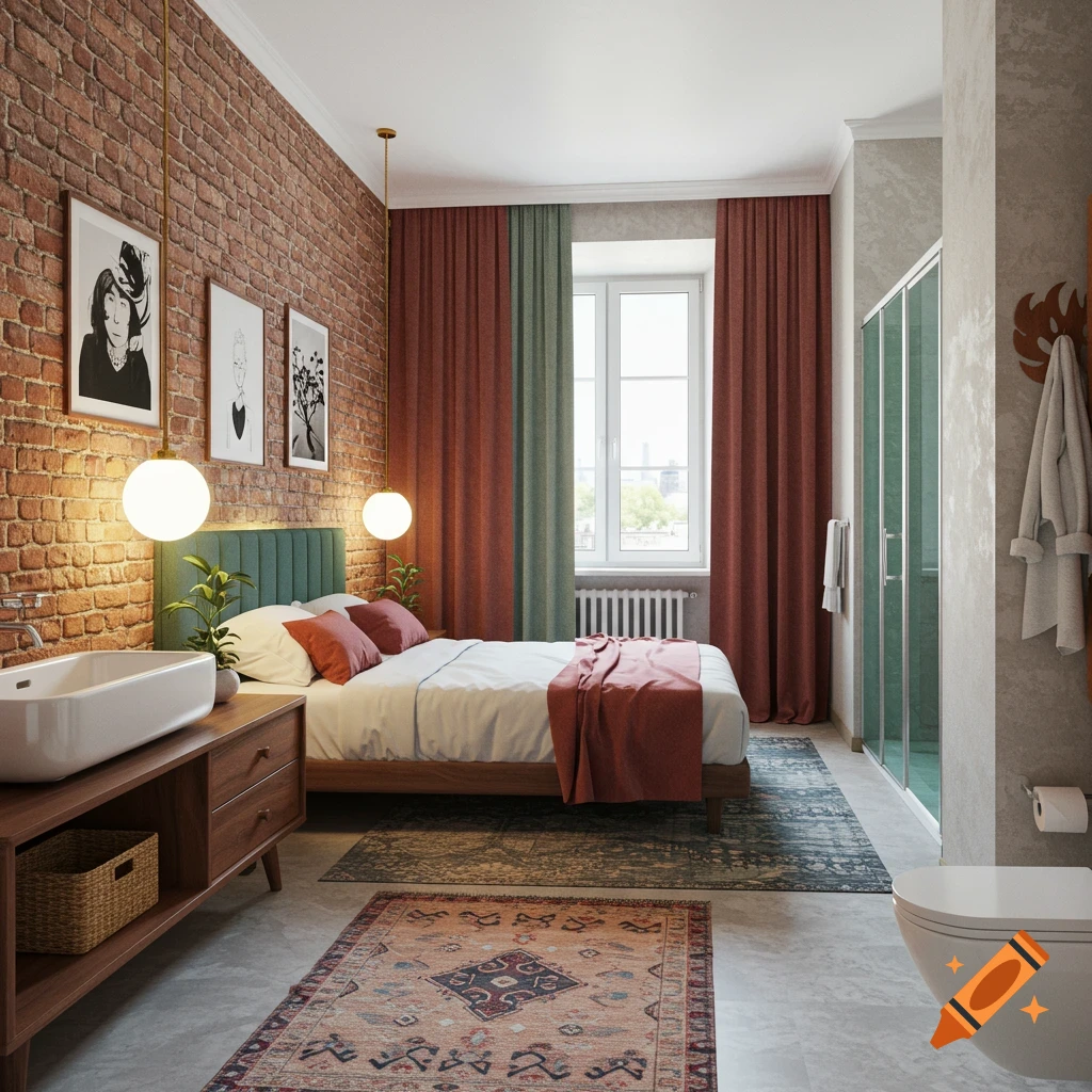 A stylish hotel guestroom bedroom and bathroom with exposed brick, bed, sink, shower, and rugs.
