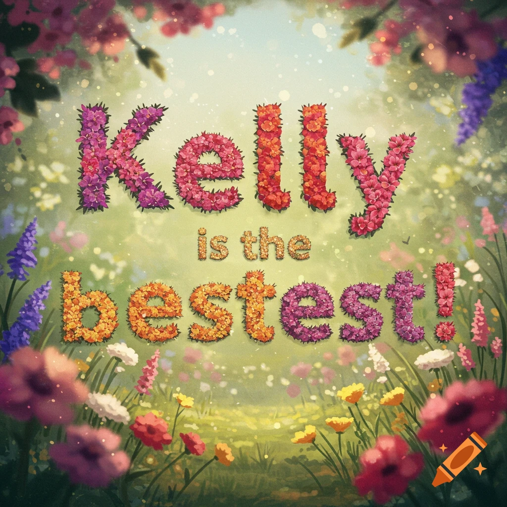 A garden scene with flowers spelling out 'Kelly is the bestest!'