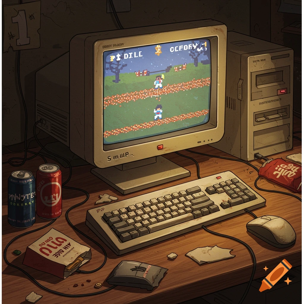 A detailed image of a dirty, old computer desk with a retro gaming setup, cans, and snacks.
