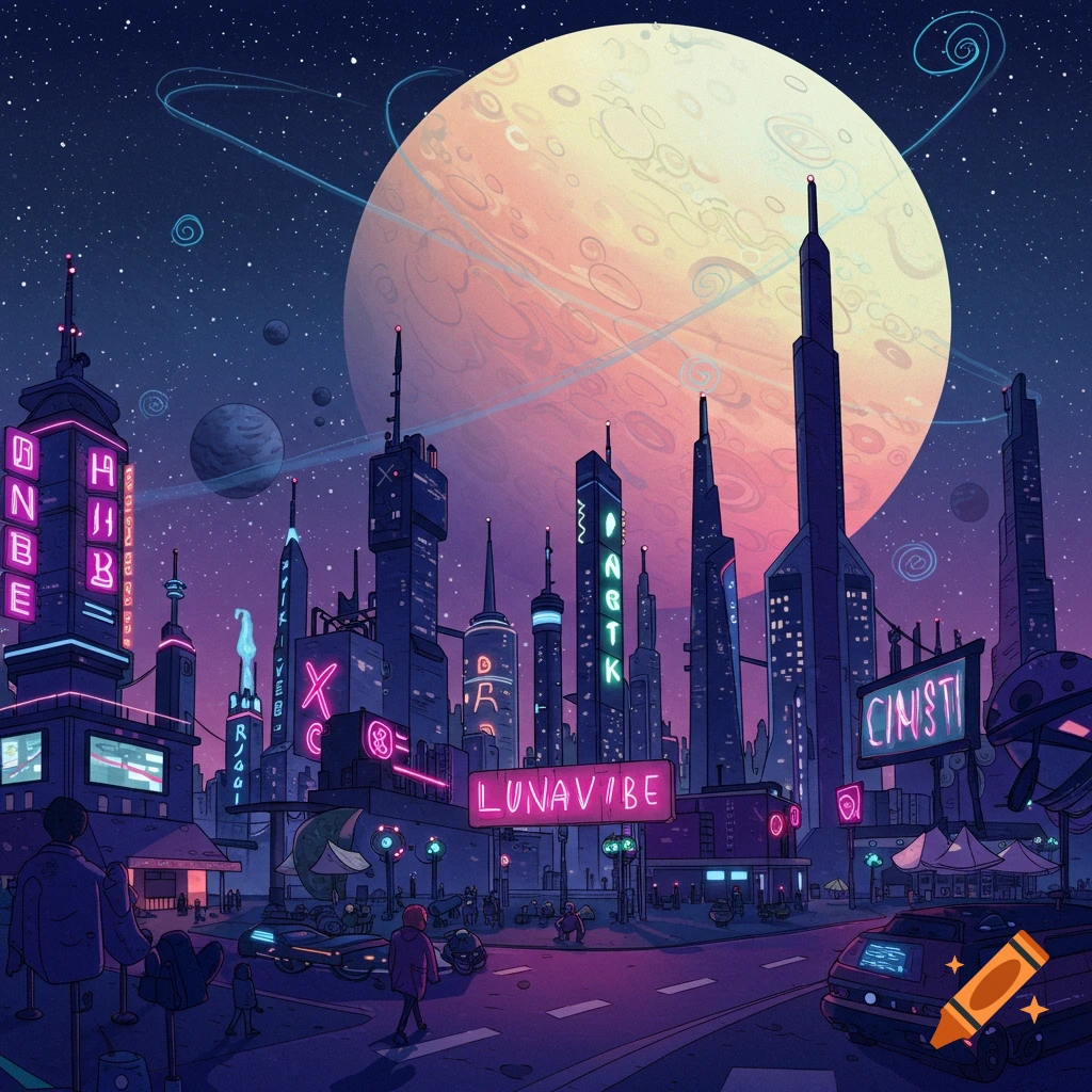 A futuristic city at night glows with neon signs beneath a large ringed planet.