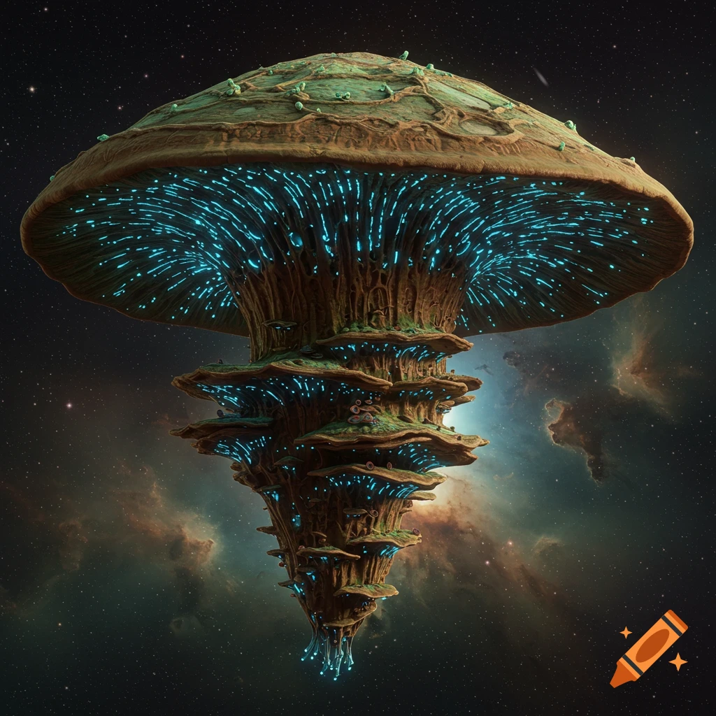 A large, fungus-like spacecraft floating in space, with glowing blue lights.