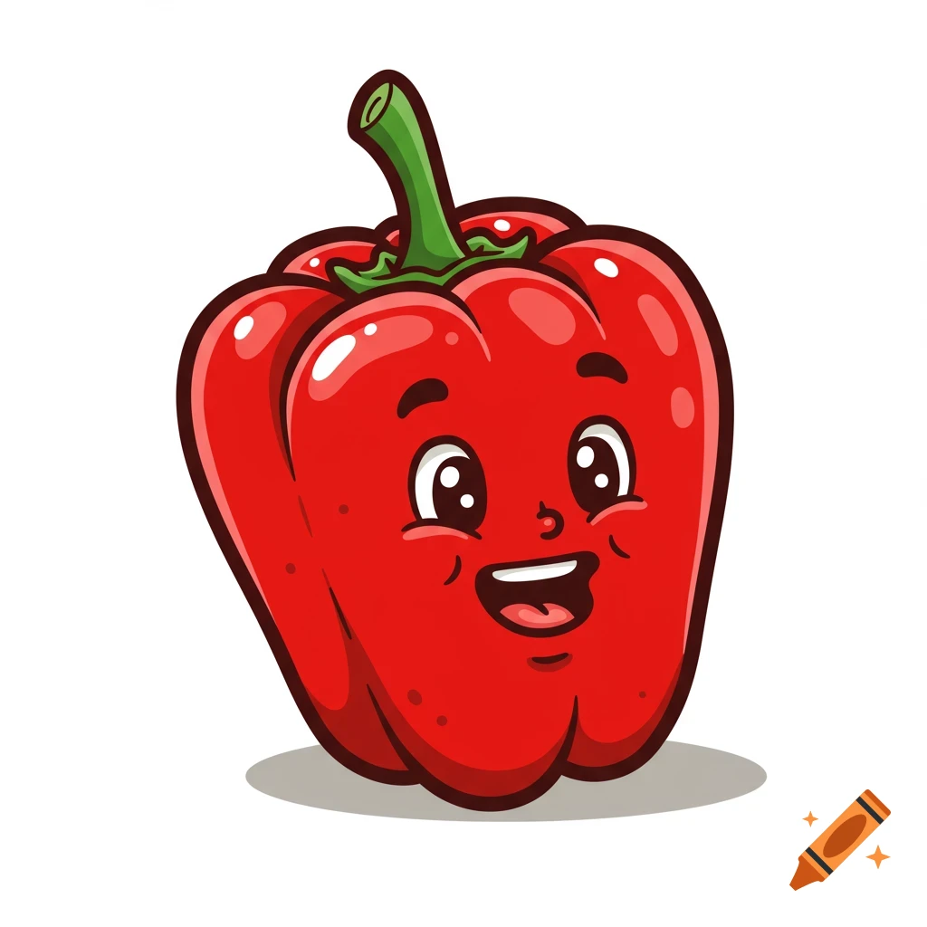 A cartoon red bell pepper with a smiling face.