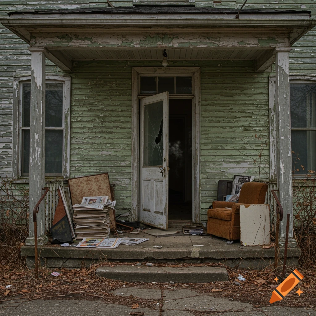 Porch of a dilapidated green house with peeling paint, broken door, and scattered newspapers and furniture