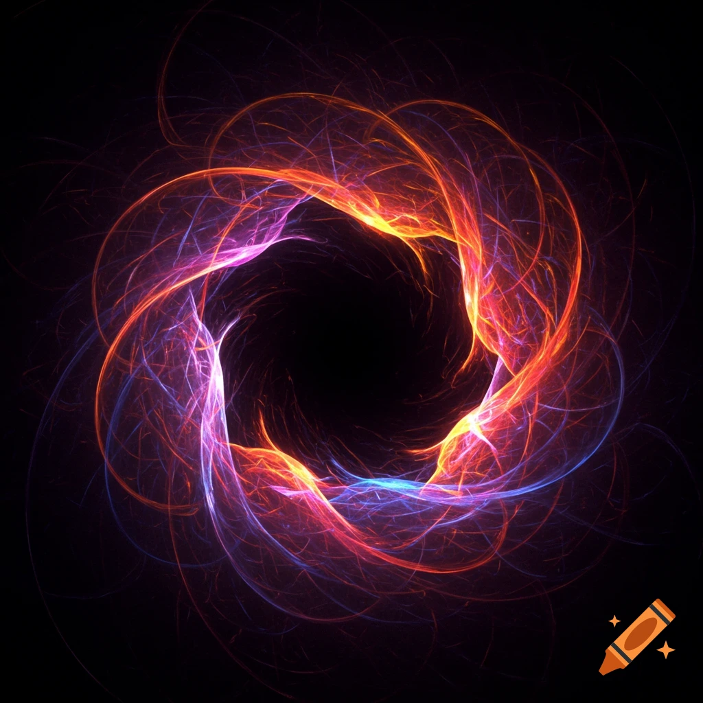 A swirling abstract void with glowing orange, red, purple, and blue lines.