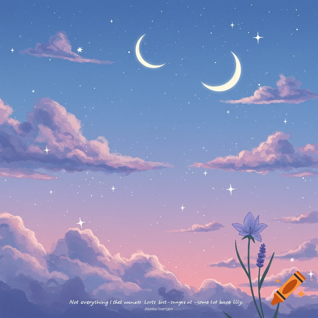 A twilight sky with pink clouds, two crescent moons, stars, and a purple flower.