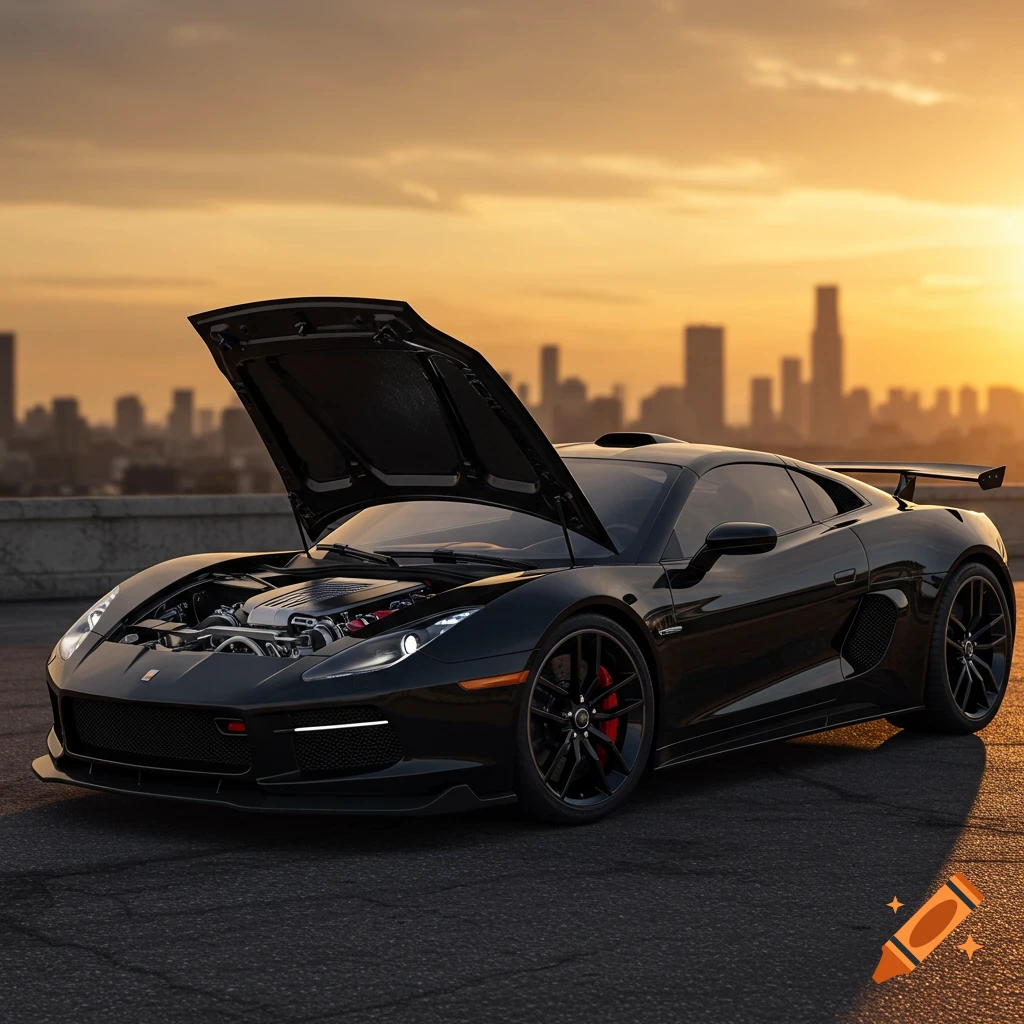 A black sports car with its hood open, showing the engine, parked on a rooftop overlooking a city skyline at sunset.