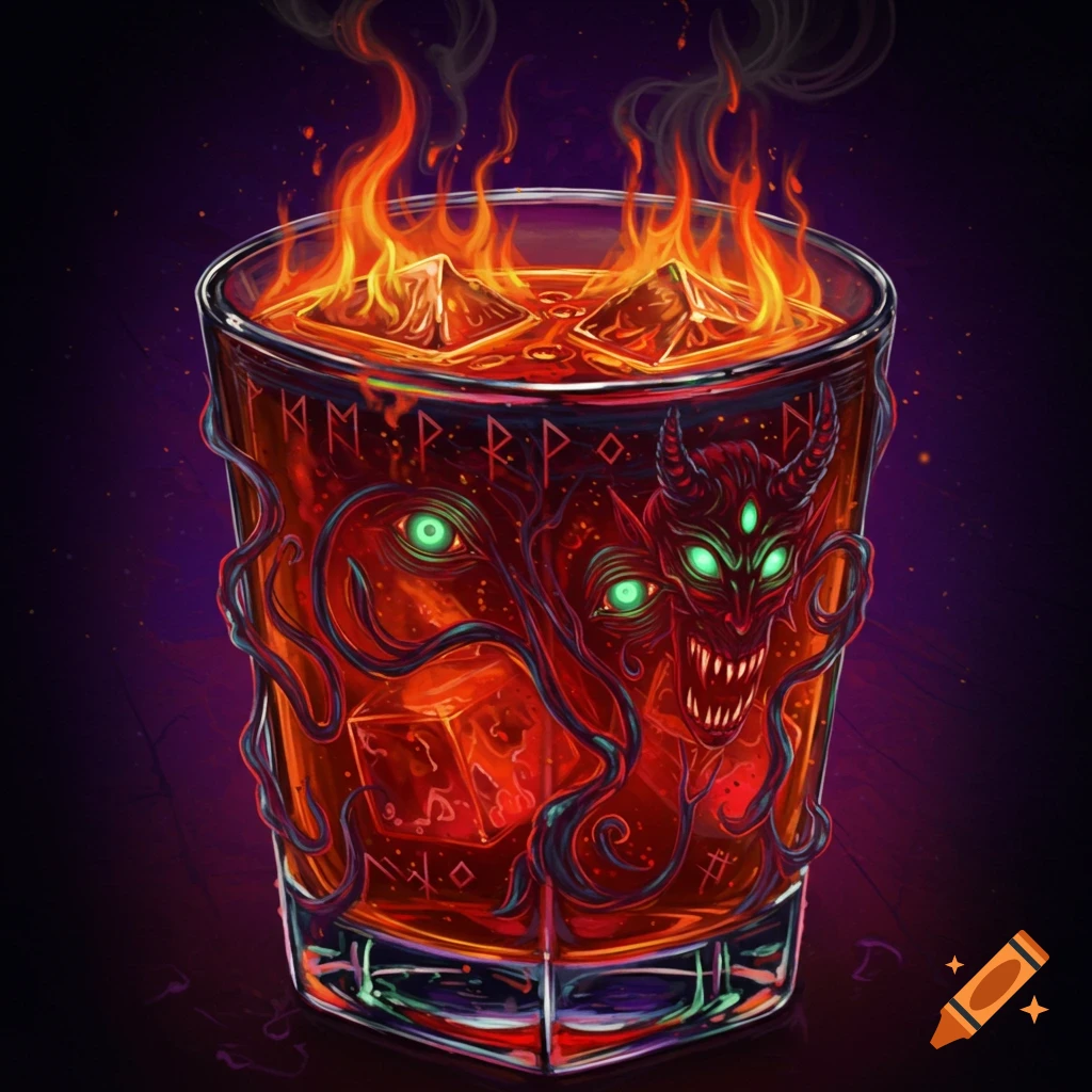 A glass of drink is adorned with a demonic face, tentacles, fire, ice, and mystical symbols etched on its surface.