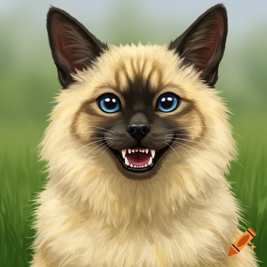 A fluffy cat-dog hybrid with bright blue eyes and a wide grin.