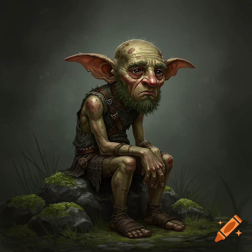 A sad goblin with large ears sits on a mossy rock.