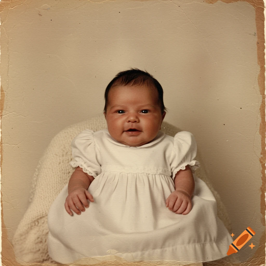 Vintage portrait photo of a baby in a white dress.
