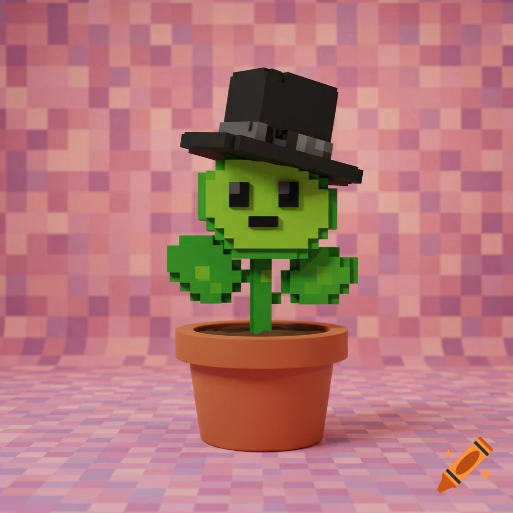 A pixelated green plant character in a pot wearing a black hat.