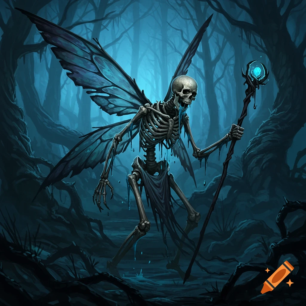 A skeletal creature with butterfly wings holds a glowing staff in a dark forest.